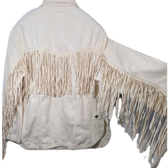 We The Free People Fringe Out Denim Jacket Ivory Western Festival Oversized Sz M - Picture 10 of 12